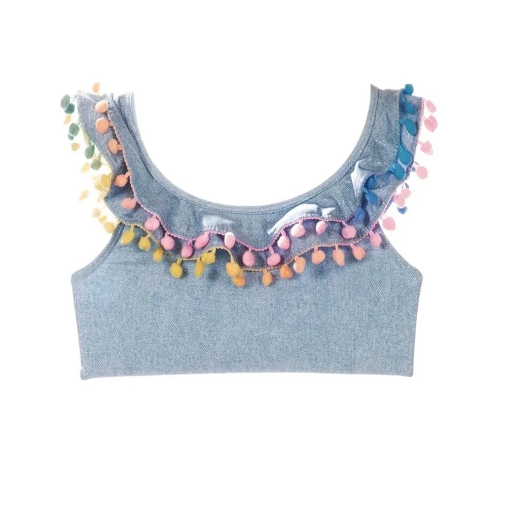 NWOT Pilyq Girls Light Denim Glitter Sparkle Pastel Pom Pom Ruffle Bikini Top 8